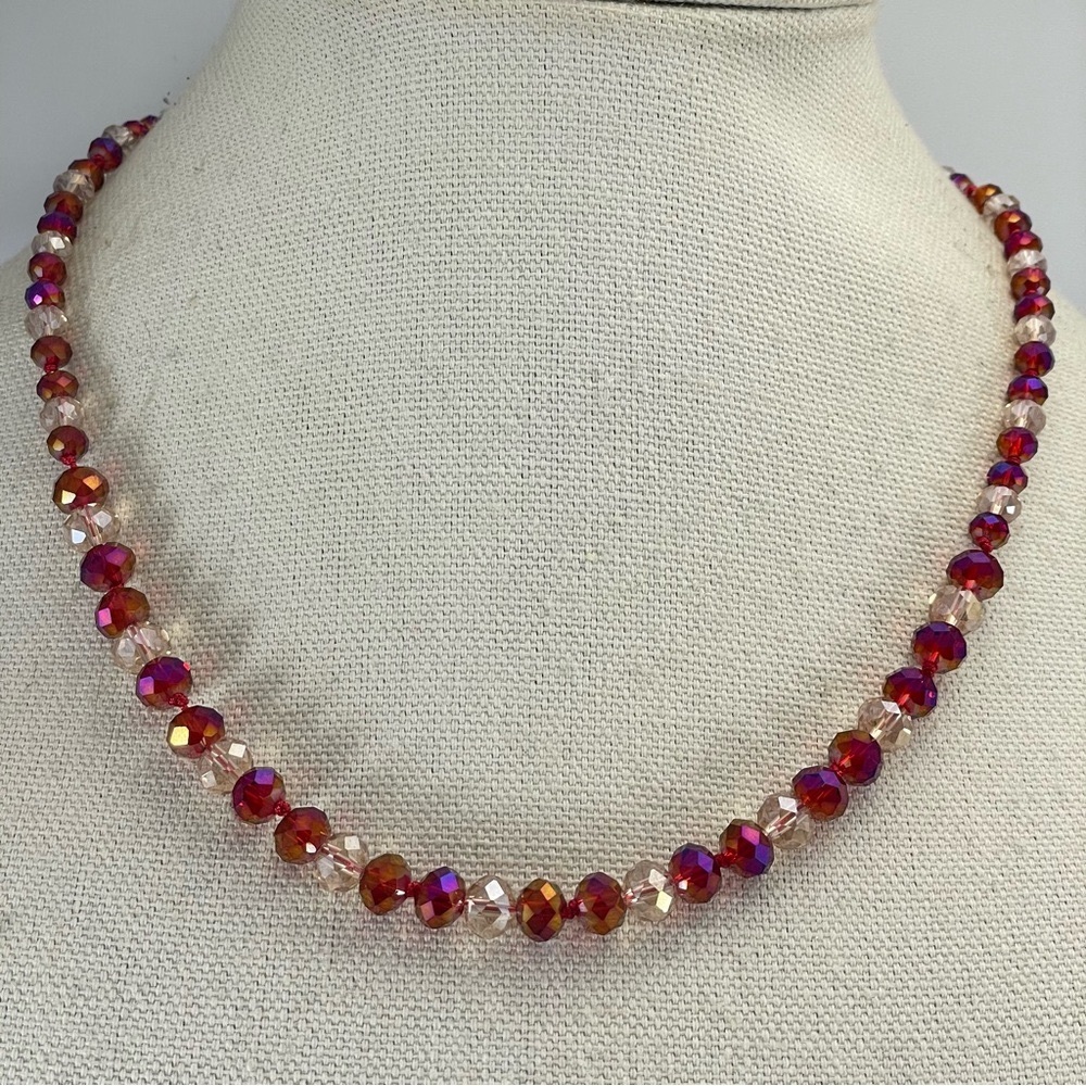 Artisan Handmade Crafted Red AB Light Champagne Glass Beaded Knotted Necklace